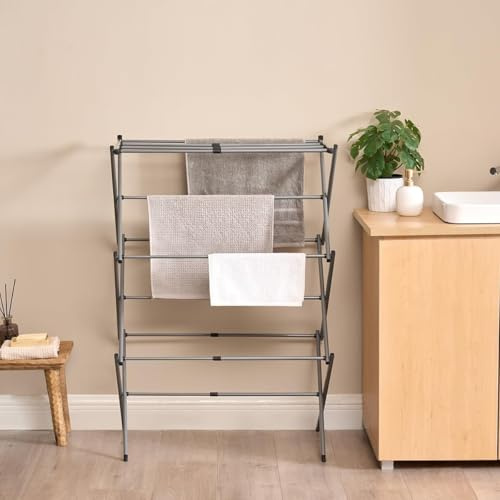 Maxland Foldable 3 Tier Clothes Airer with 11 Bars & Up to 20kg Support - Compact & Space-Saving Clothes Drying Rack, Extendable to 74cm - Clothes Dryer for Indoor, Bathroom & Camping | Grey