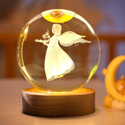 3D Kristallkugel Nachtlicht, Glaskugel Lampe Katzen Engel Kleiner Bär, Kristallkugel Licht mit LED Holzsockel, Glaskugel Nachtlampe USB Aufladung für Souvenirs Geburtstags Geschenk Innen Deko (D)
