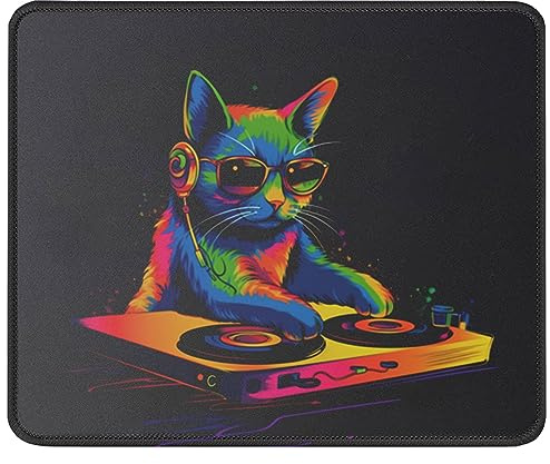 Verschleißfest Gaming Mauspad, Regenbogen DJ Cat Mauspads Gummierte Unterseite Computer-Mauspads für Tastatur Laptops PC