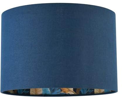 Modern Midnight Navy Blue Linen Lamp Shade with Floral Pattern Lining | 30cm x 20cm | Inner Satin Gold and Teal Leaves by Happy Homewares