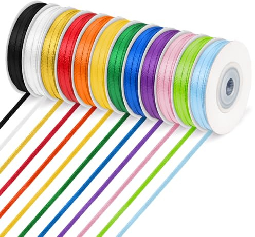 Satinband 3MM Geschenkband zum Geschenkverpackung DIY Party Dekoration | 12 Farben x 25M Doppelseitig Dekoband Schleifenband Bunt für Geburtstag Luftballons Blume DIY Weihnachten Geburtstag Hochzeit