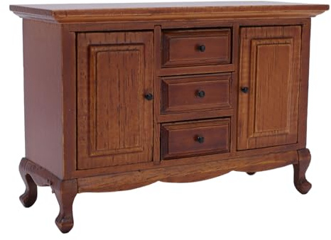 OVAQUIXI Miniatur-Puppenhausschrank aus Holz mit 2 Türen und 3 Schubladen, Handgefertigtes Sideboard für Spielszenen