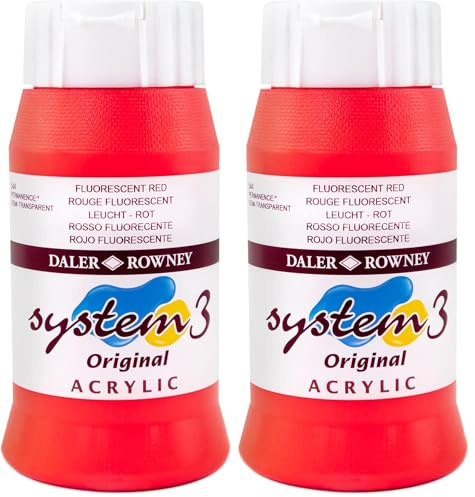 Daler Rowney System3 Acrylic Paint, Plastic Pot, 16.91oz - 500 ml, Fluorescent Red (Pack of 2)