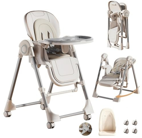 Hochstuhl mit Schaukelfunktion,Weiß | mehreren Liegepositionen & verstellbarem Sitz,Einfach zu reinigen und vielseitig einstellbar.