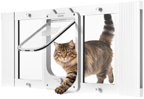 VEVOR Porta per Gatti per Finestra Regolabile Finestre di Larghezza da 788 a 915 mm, 4 Modalità di Chiusura di Sicurezza, Telaio in Alluminio e Vetro ad Alta Trasparenza, Chiusura Magnetica, Bianca