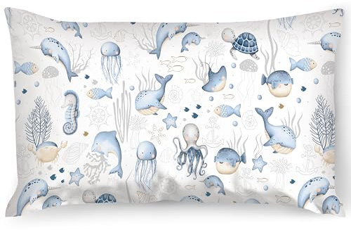 PinkZebra Kopfkissenbezug Kinder, Kissenbezug 50 x 60 cm aus 100% Baumwolle, Kissenhülle, Öko-tex Standard 100, Kinderbezüge mit Reißverschluss, Meerestiere