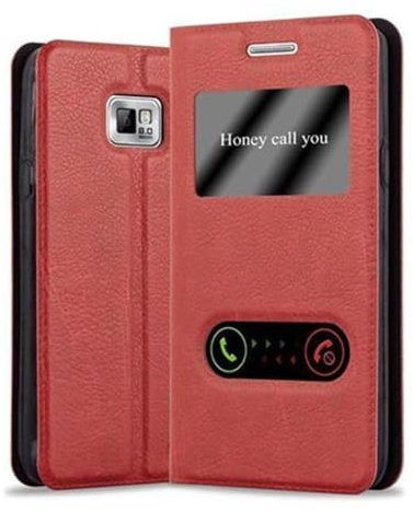 Cadorabo Hülle kompatibel mit Samsung Galaxy S2 / S2 Plus in Safran ROT - Schutzhülle mit Magnetverschluss, Standfunktion und 2 Sichtfenstern