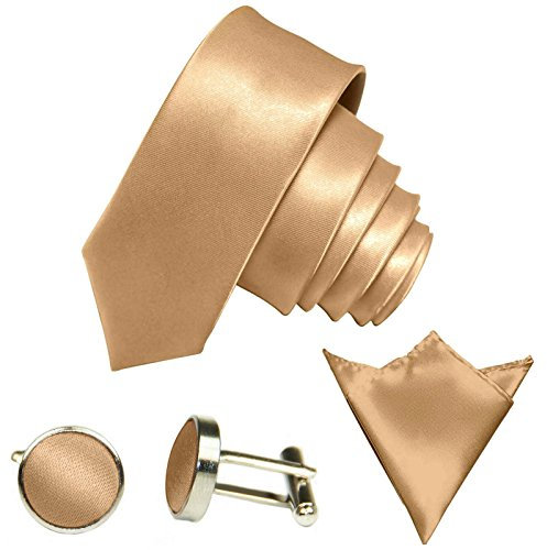 GASSANI 3Tlg Krawatten-Set, 6Cm Skinny Schmale Beigene Herren-Krawatte Dünn Manschettenknöpfe Ein-Stecktuch, Bräutigam Hochzeitskrawatte Glänzend
