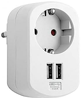 SIMON - Adaptador Combi, Adaptador de Viaje con Toma Schuko 16A y 2 Enchufes USB, Adaptador Corriente de Carga de Pared, Ladrón USB, Color Blanco