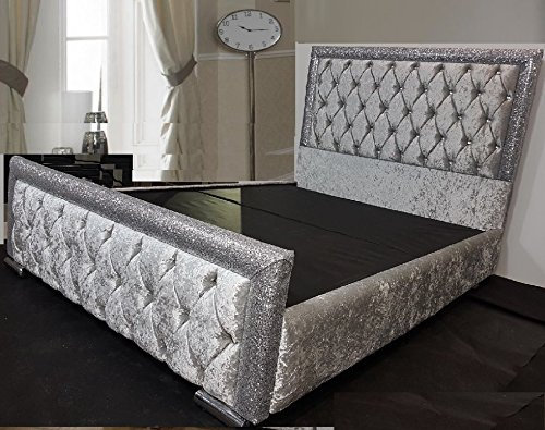 mm08enn Crushed velvet Upholstered Glitter Bed Frame in Size 4ft6 & 5ft with Storage Base(5ft King Size, Ice Silver)