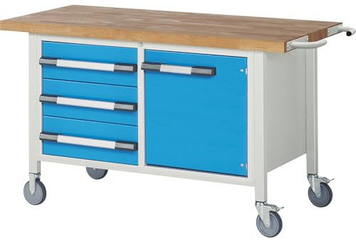 eurokraft | Fahrbare Werkbank Serie 8000 | Gestellbauweise | 3 Schubladen | 1 Tür | BxT 1500 x 700 mm