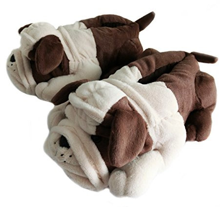 Onmygogo Pantoufles fantaisie pour hommes, femmes, enfants, pantoufles d'hiver en fourrure, motif bouledogues, café, 37/40 EU