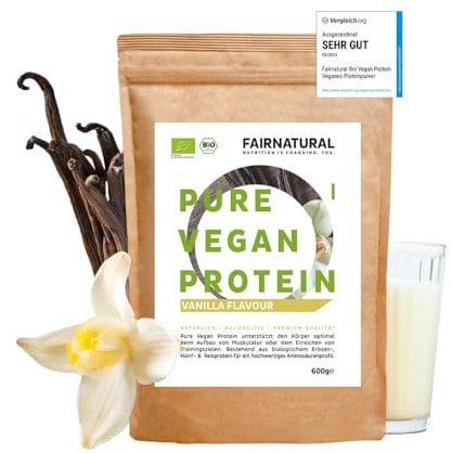 FAIRNATURAL Bio Veganes Proteinpulver Vanille ohne Soja [600G] 5K Protein Pulver Laktosefrei - Vegan Protein Powder - Pflanzliches Proteinpulver - Regional aus DE - Proteinshake Vegan - Eiweißpulver