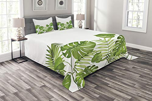 ABAKUHAUS Blatt Tagesdecke Set, Laub wirbelt Botanic, Set mit Kissenbezügen Waschbar, für Doppelbetten 264 x 220 cm, Grün