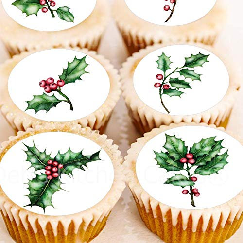 Christmas Holly Cake Toppers - Pre Cut - Edible Holly & Berries Cupcake Decoration - Icing or Wafer - 4cm x 24 (Icing)