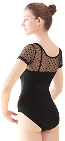 Daydance Girls Women Ballet Outfits Lace Cap Sleeve Dance Leotards for Gymnastics, Aerial Yoga, Swimming, Black-faux 2 Piece, XS