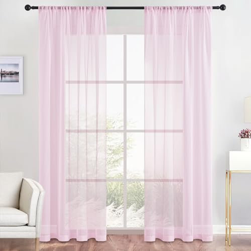 CUTEWIND Vorhänge mit Stangendurchzug Gardinen in Leinenoptik Stores Gardine Transparent Vorhang für Wohnzimmer Schlafzimmer 140x225(BxH) 2er Set je Rosa