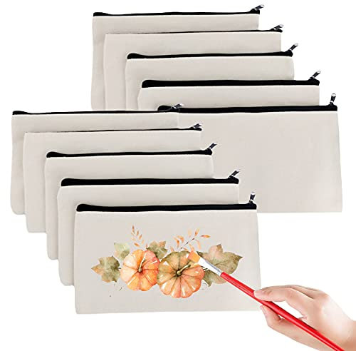 LONXAN 10 Stück DIY Blanko Stoff Federmäppchen, Blanko Stoffbeutel für DIY Bemalen, Makeup Tasche, Mäppchen, Kosmetiktaschen mit Reißverschluss für Schule, Büro und Reisen, 12 x 21 cm