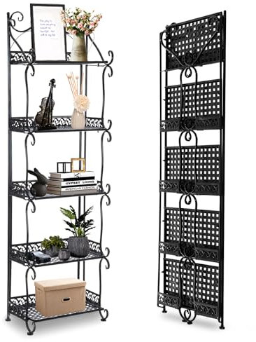 BTGGG 5 Tier Foldable Storage Shelves Free Standing Metal Pan Rack Plant Stand Storage Organiser Shelving Unit for Kitchen Bathroom Bedroom Garden Office, Black