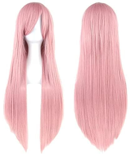 IMISSU Lange glatte Haare Cosplay Perücke mit Pony Bunte Halloween Kostüm Party Perücken (Rosa)