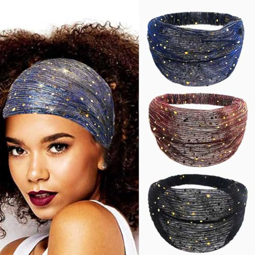 Zoestar Breite Pailletten-Stirnbänder, Yoga-Kopfwickel, dicke Turban-Bandeau-Kopftücher, elastisch, stilvolle Haarbänder für Damen und Mädchen (3 Stück) (Set 1)