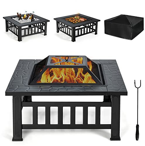 RELAX4LIFE Braciere Quadrato da Giardino in Ferro, Braciere e Coperchio Parascintille a Rete con Attizzatoio Lungo, Bordo Largo Portaoggetti, Braciere da Esterno Multiuso per Riscaldamento e Barbecue
