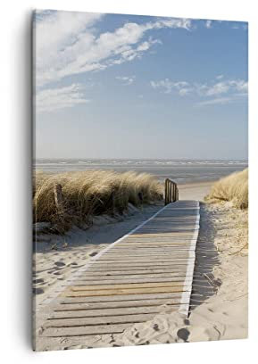Bilder auf Leinwand Strand Meer Fußgängerbrücke Ufer Leinwandbild mit Rahmen 50x70cm Wandbilder Dekoration Wohnzimmer Schlafzimmer Küche Deko Groß Wanddeko Bild Wand Kunstdruck Art Canvas PA50x70-2657