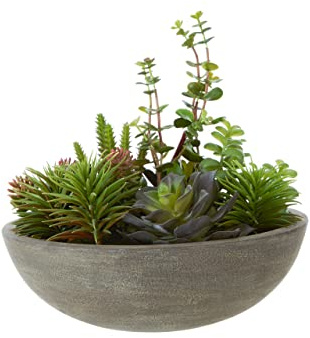 Premier Housewares Stone Effect Pot Mixed Succulent, Verdant Accent Pieces, Grey Stone Effect Pot, Contemporary Style, Faux Succulents, Succulent Plants, W29 x D29 x H29cm