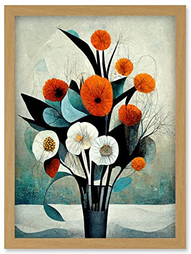Doppelganger33 LTD Flowers Floral Display Bouquet Modern Abstract Teal Orange Artwork Framed Wall Art Print A4