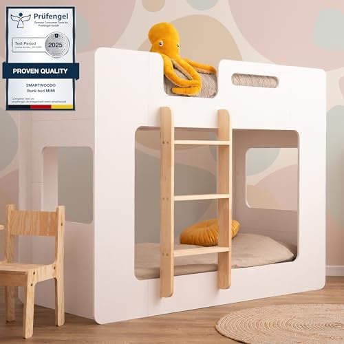 smartwood Mimi L - Leiter Links Etagenbett 90x200 mit Lattenrost und Rausfallschutz - Kinderbett für Jungen und Mädchen - Montessori Bett mit Rausfallschutz und Lattenrost Weiß 200x90 cm