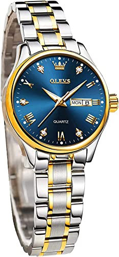 OLEVS Damenuhr Analog Quarz Armbanduhren mit Diamant Kleines Gesicht Blau Gold Silber Edelstahlband wasserdichte Day Date Uhr