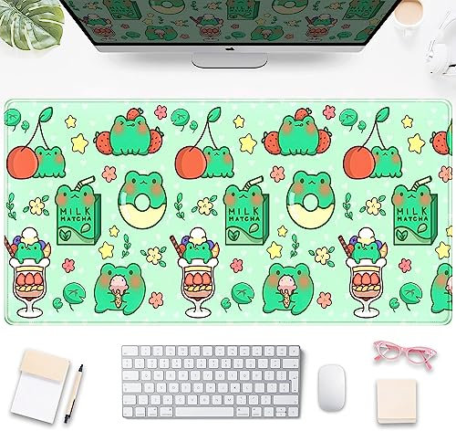 Kawaii Cartoon Frosch Schreibtischunterlage Grün Anime Schreibtischunterlage Niedlich Großes Gaming Mauspad Full Desktop Mousepad Tastatur Mauspad für Laptop Computer Schreibtisch Zubehör Matten für