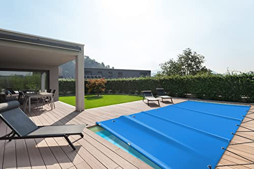 SafeDeluxe Bâche de Piscine, Couverture de poteaux, Couverture de sécurité en bâche de Camion sans poteaux (3m x 5m, Bleu Clair RAL5015)