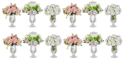 Glasseam Lot de 12 petits vases en verre pour centres de table, vases transparents sur pied pour décoration de table de mariage, de salle à manger, 14,5 cm