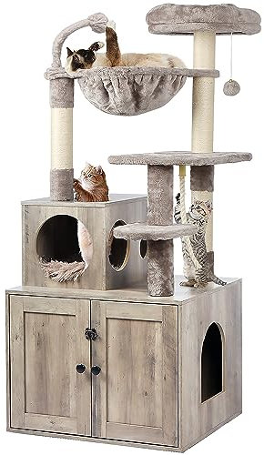 Timberer Cat Tree with Litter Box Enclosure, 2-in-1 Cat Tower for Indoor Cats, Large Wood Cat Condo with Basket, Scratching Posts, Pompoms, Grey