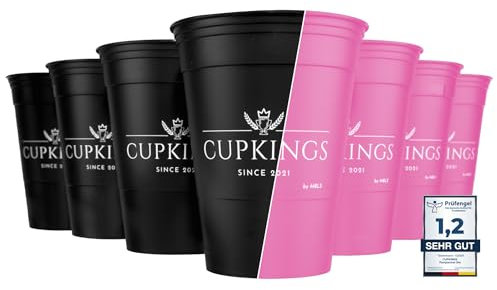 CUPKINGS Party Becher Set | 22 Hartplastik Festival Zubehör & Party Deko | 473ml / 16oz | Spülmaschinenfest & Wiederverwendbar | Mehrweg | Schwarz/Pink