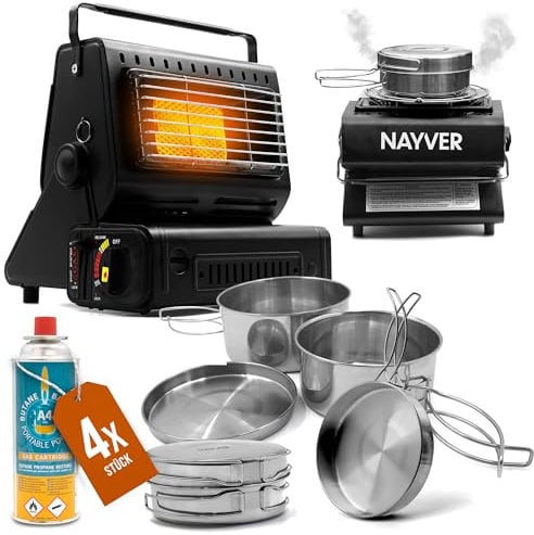 Campingheizung 1300 Watt, 2 in1 - Gasheizung & Campingkocher/Gaskartusche, Zeltheizung, Heizstrahler mit MSF-1a Winterkartuschen (Gasheizung + Kochset + 4 Gaskartuschen)