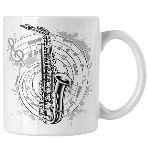 Trendation - Saxophon Musik Noten Jazz Musikinstrument Saxophon-Spieler Tasse (Weiß)