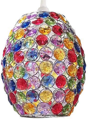 Loxton Lighting - Oval Pendant Light Shade Multi-Colour Jewels with Silver Wire and Chrome Frame BC Shade Ring Ceiling Light for Bedrooms, Lounges, Halls, Kitchens