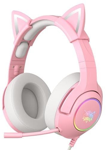 PHNIXGAM Cat Ear Gaming Cute Headset, Wired Over-Ear Headphones with Retractable Microphone, Surround Sound, LED Backlight for PS4, PS5, Xbox One(No Adapter), PC, Mobile Phone (Light Pink)