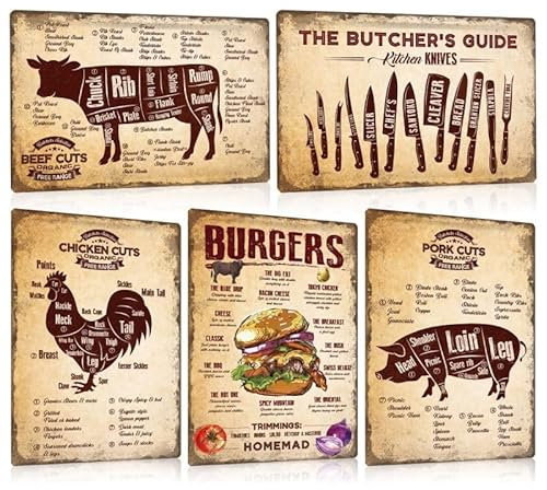 Lot de 5 Barbecue Plaque Metal Vintage pour cuisine - BBQ Panneau Decorative Pour Jardin - Burgers Poule Butcher Pancarte Decoration Murale Tableau Pour Restaurant Salle à Manger 20x30cm (Jaune)