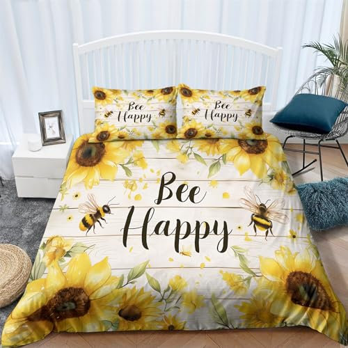 CozyRest Bettbezug 135x200 cm Bettwäsche Set Mikrofaser Sonnenblumen-Tier-Biene Kinderbettwäsche Set für Kinder Teens, Bettbezug mit 2 Kissenbezüge 80x80 cm