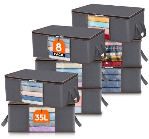 Lifewit 8 Pack Clothes Storage Bag Foldable Storage Boxes with Lids Underbed Wardrobe Storage Organiser with Sturdy Fabric Clear Window for Clothing Bedding Sweaters T-shirts Blankets, 35L, Grey