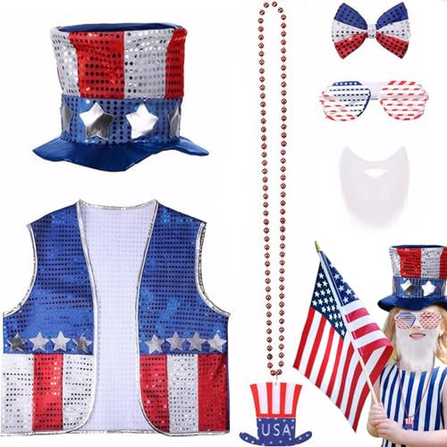 6 piezas/set disfraz de bandera estadounidense, atuendos del 4 de julio atuendos del día de la independencia patriótica atuendo de bandera americana con sombrero, chaleco, gafas de sol, collares, cor
