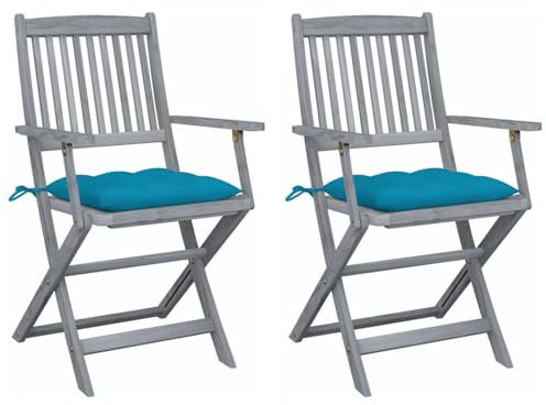 JUDYY Klappbare Gartenstühle 2 STK. mit Kissen, Hochlehner, Garden Chair, Wetterfest Stuhl, Lehnstühle, Balkonstuhl, Balkonset, Massivholz Akazie