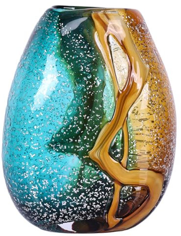 PlivBloom Vase en verre bleu sarcelle, vases à fleurs en verre soufflé à la main, vases en verre de Murano, décoration unique en verre de table, fleurs avec vase décoratif, vase bleu sarcelle, pour