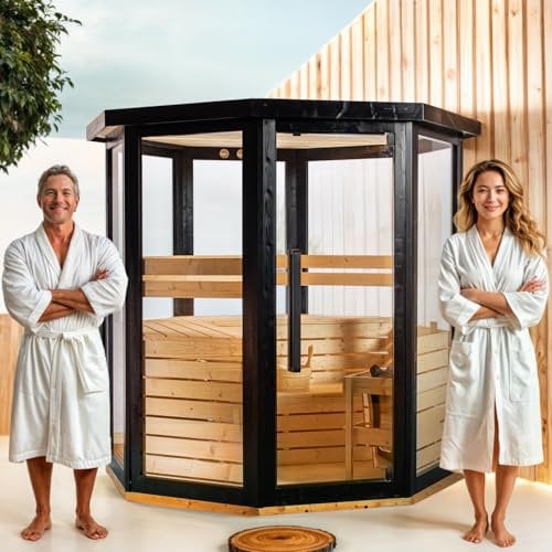 GLOBAL RELAX® | DHARANI Passion Sauna Outdoor Vapore Fino a 4 o 5 Persone | Abete I Temperatura Regolabile I Illuminazione LED I Meter T/H I 8000W di Potenza I Elimina Le tossine I Rilassamento