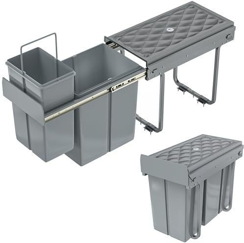 SUBTLETY Einbau Mülltrennsystem 1x20L + 1x10L PVC Ausziehbarer Küchenmülleimer 48x26x42cm Müllsammler mit Deckel Mülltonne Unter Spüle Effiziente Mülltrennung Doppelt Abfalleimer Set für Küche