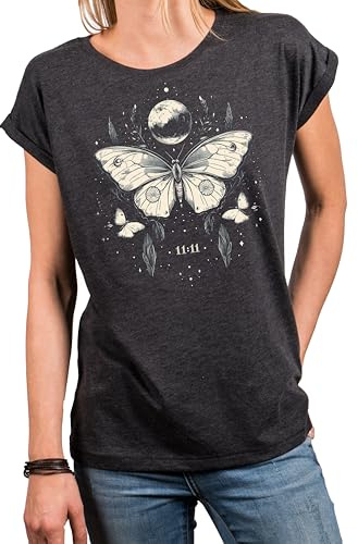 MAKAYA Damen Shirt Schmetterling Kurzarm Top Sommer Oberteil mit Schmetterlingen Butterfly Print Oversize Damenshirt Grau M