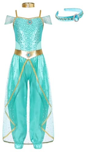 inhzoy Mädchen Arabische Prinzessin Kostüm Glitzer Overall Haarband Set Kinder Indische Orientalische Tanzkleidung Für Weihnachten Fasching Hellgrün 134-140